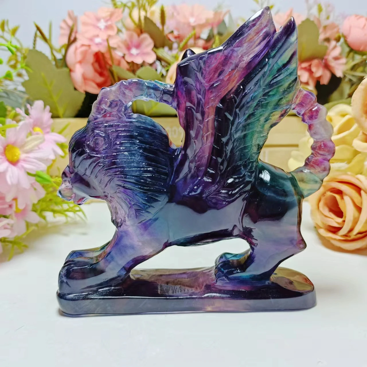 1Pc Customized Hand Made Wholesale High Quality Natural Crystal Rainbow Fluorite Lion Carvings Hot Selling Stone For Decoration