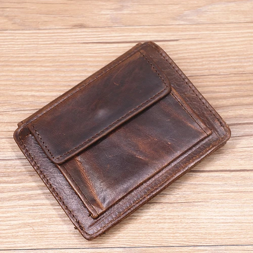 Imagen 2 del producto Cartera de cuero genuino para hombre, billetera corta Vintage Original, monedero con tarjetero, bolsillo para monedas y ventana de identificación