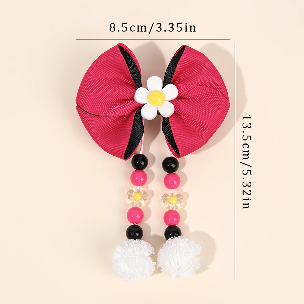 ncmama 2PCS Women Girls Ribbon Flower Hair Clips Tassel Pendant Bow Hairpins Cherry Barrettes Plaid Hairgrips Hair Accessories