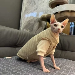Thick Solid Fleece Sweatshirt Jacket Suit for Sphynx Winter Warm Long Sleeves Khaki Cardigan Vest for Hairless Cat in Autumn