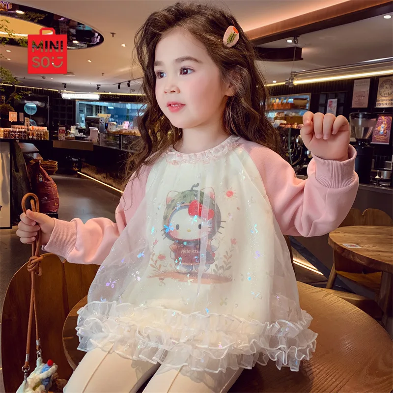 

2025 Girls Hoodie, Korean Style Mesh Sleeve Top with Cartoon Print for Toddlers & Kids