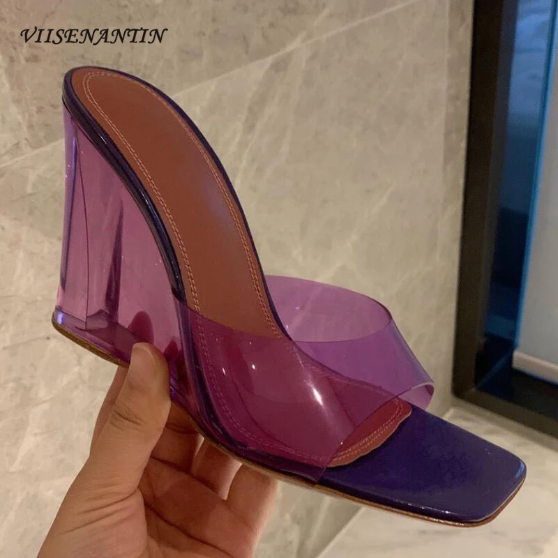 

Transparent PVC Ladies Wedge High Heel Slipper Shoes Summer Green Purple Beautiful Casual Slides Beach Shoe New Fashion
