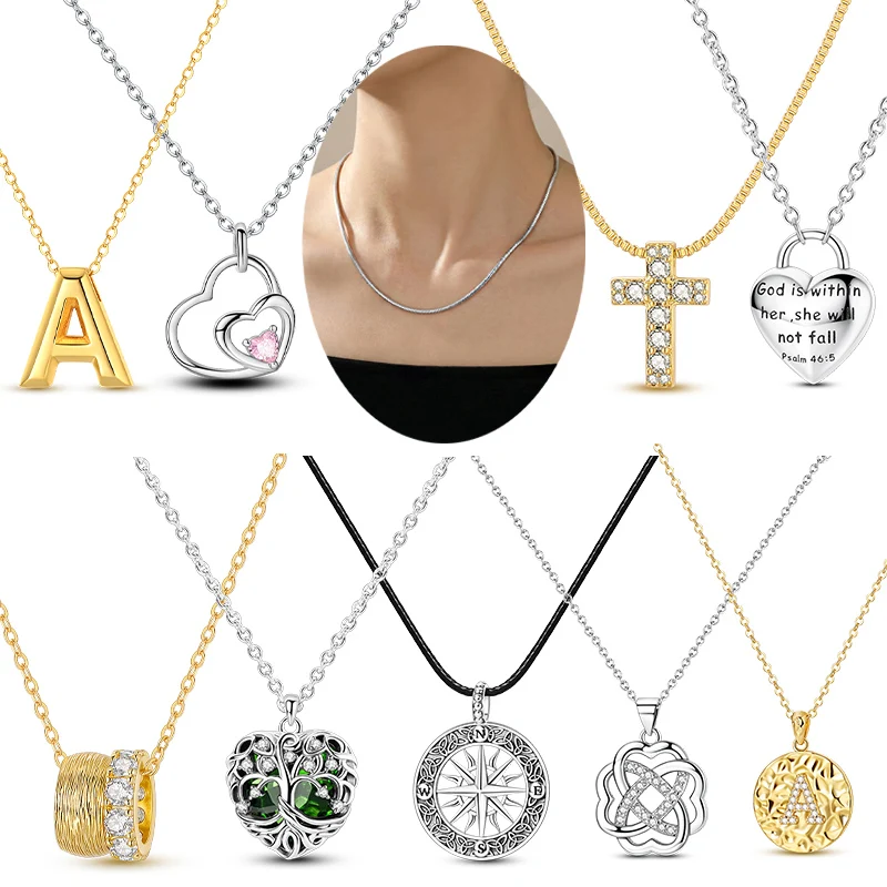 925er Sterlingsilber Goldkette mit Herz, keltischem Kreuz und Buchstabe A, passend für Originalperlen und Charms, DIY für Damen, edler Schmuck, Geschenk.