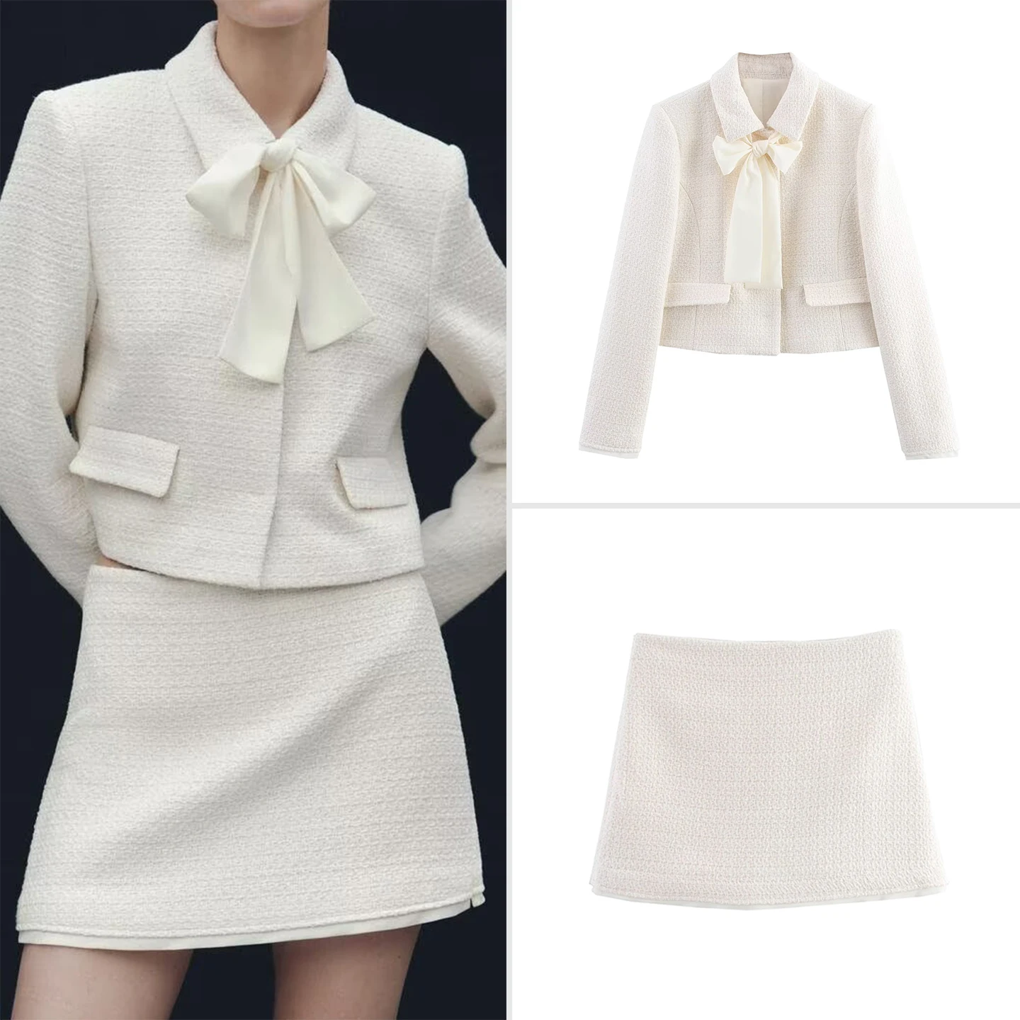 Fashionable Women's  Knot Collar Top And Texture Skirt Pants Set Summer 2026 Zadata Brand Ladies Premium Outfit
