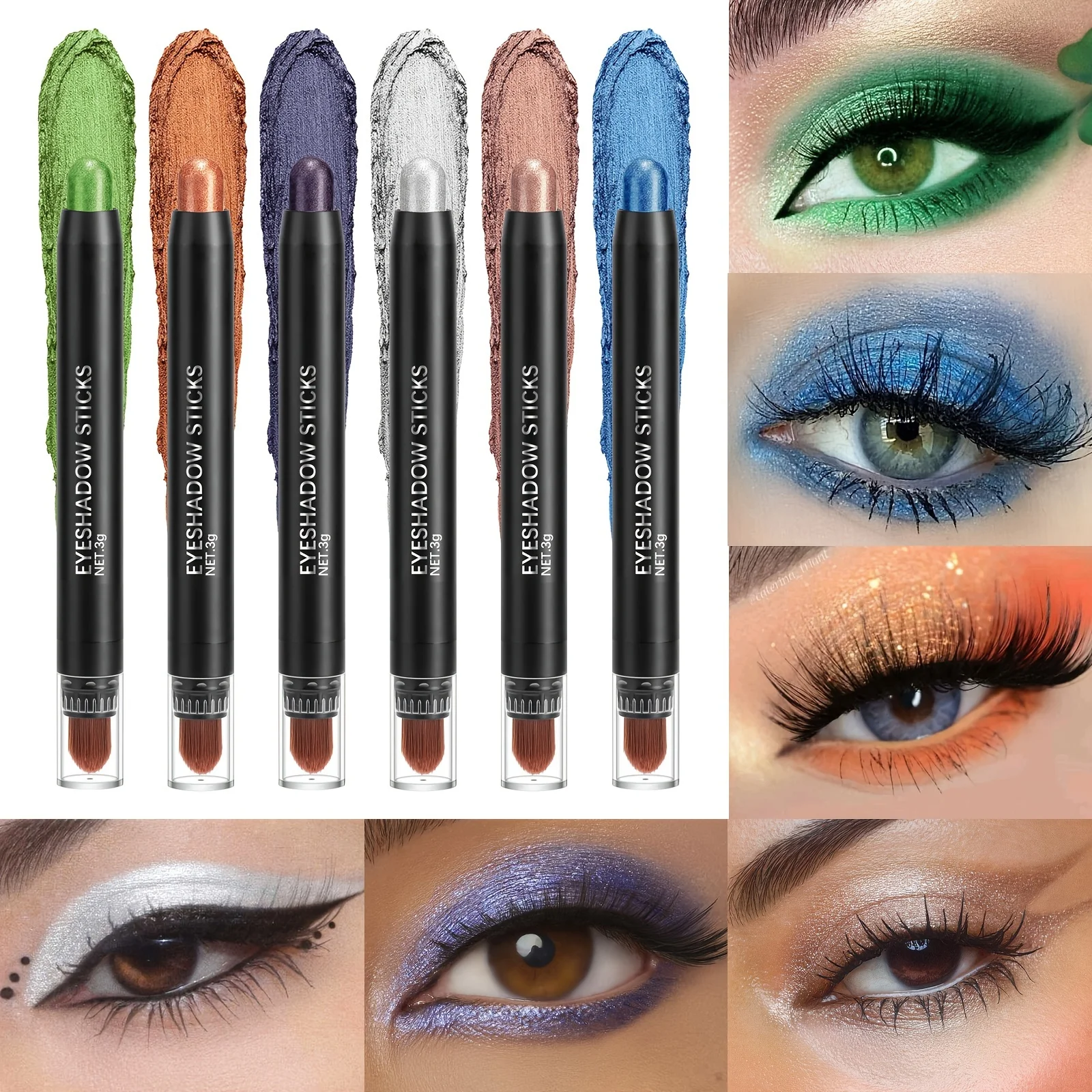 Juego de barras de sombra de ojos brillantes, maquillaje de sombra de ojos resaltador impermeable de larga duración, barras de sombra de ojos con brillo con cabezal de cepillo suave