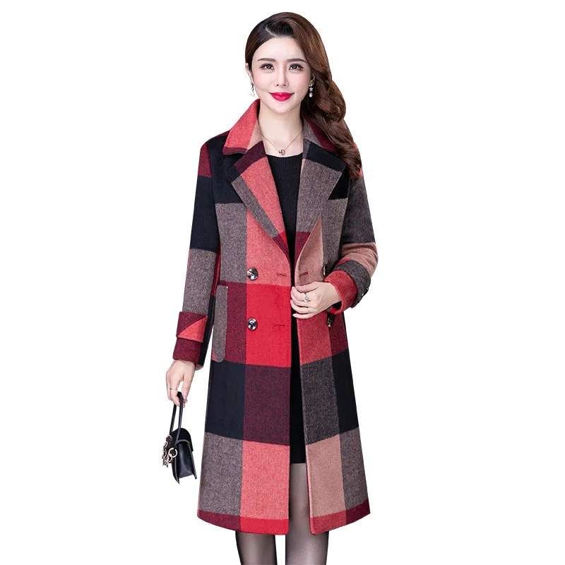 

Autumn Winter Nice Pop Women Wool Coat Fashion Thicken Warm Plaid Woolen Overcoat Slim Long middle-aged mother Outerwear Female