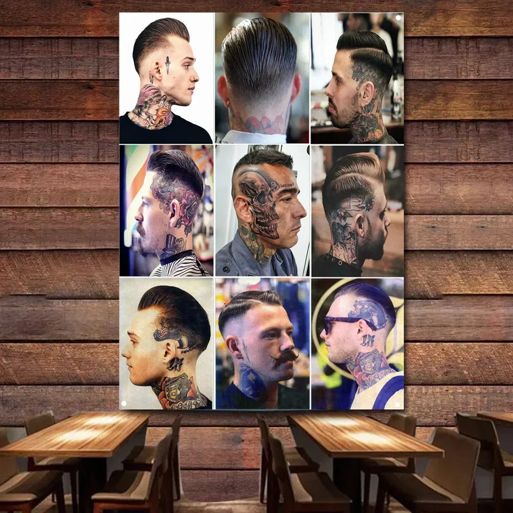 Best Men's Tattoos Short Hairstyles Vintage Barber Shop Signboard Mural Wall Decor Banner Flag Haircut & Shave Poster Tapestry