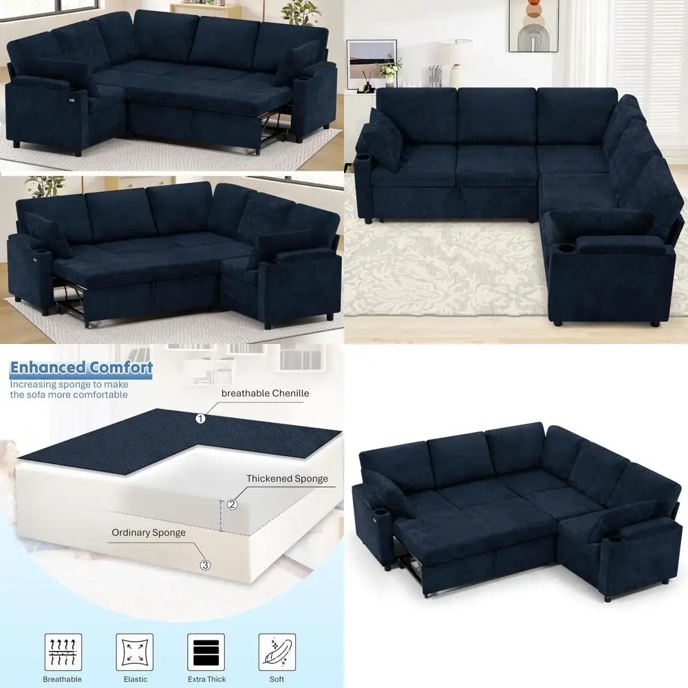 

Reversible Chenille Sectional Sofa with Pull-Out Bed, L-Shaped Couch with Storage Armrests and Cup Holders, Sofa with USB Chargi