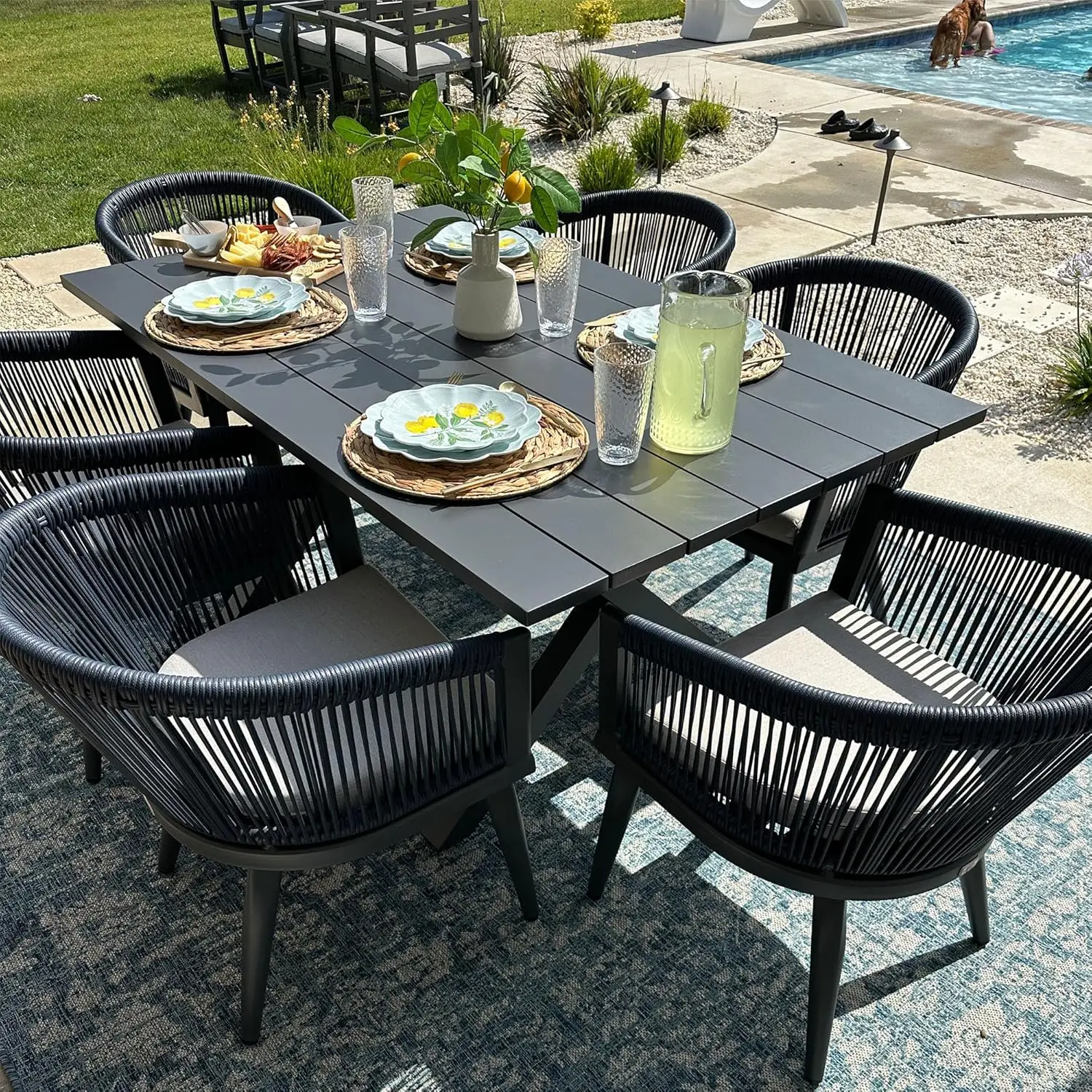 

Patio Dining Set for 6 All-Weather Wicker 7 Piece Aluminium Outdoor Table and Chairs Set Included Cushions for Backyard Indoor