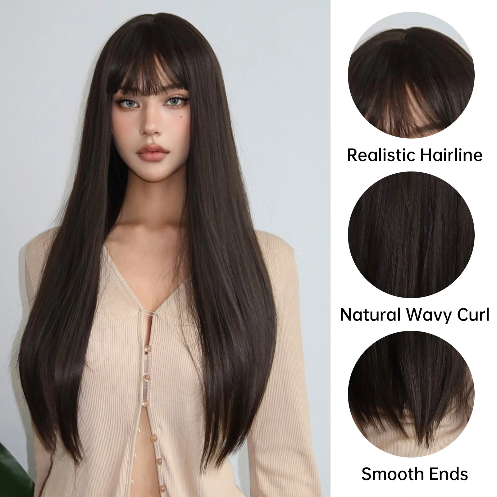 HENRY MARGU Dark Brown Straight Wigs with Bangs Long Natural Synthetic Wig Heat Resistant Brown Wig for Party Daily Women Wig