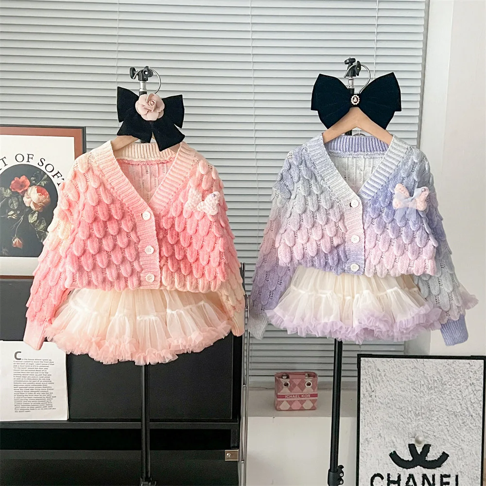 Girls Clothes Sets Autumn and Winter New Color Changing and Stylish Cute Princess Cardigan and Three-dimensional Skirt