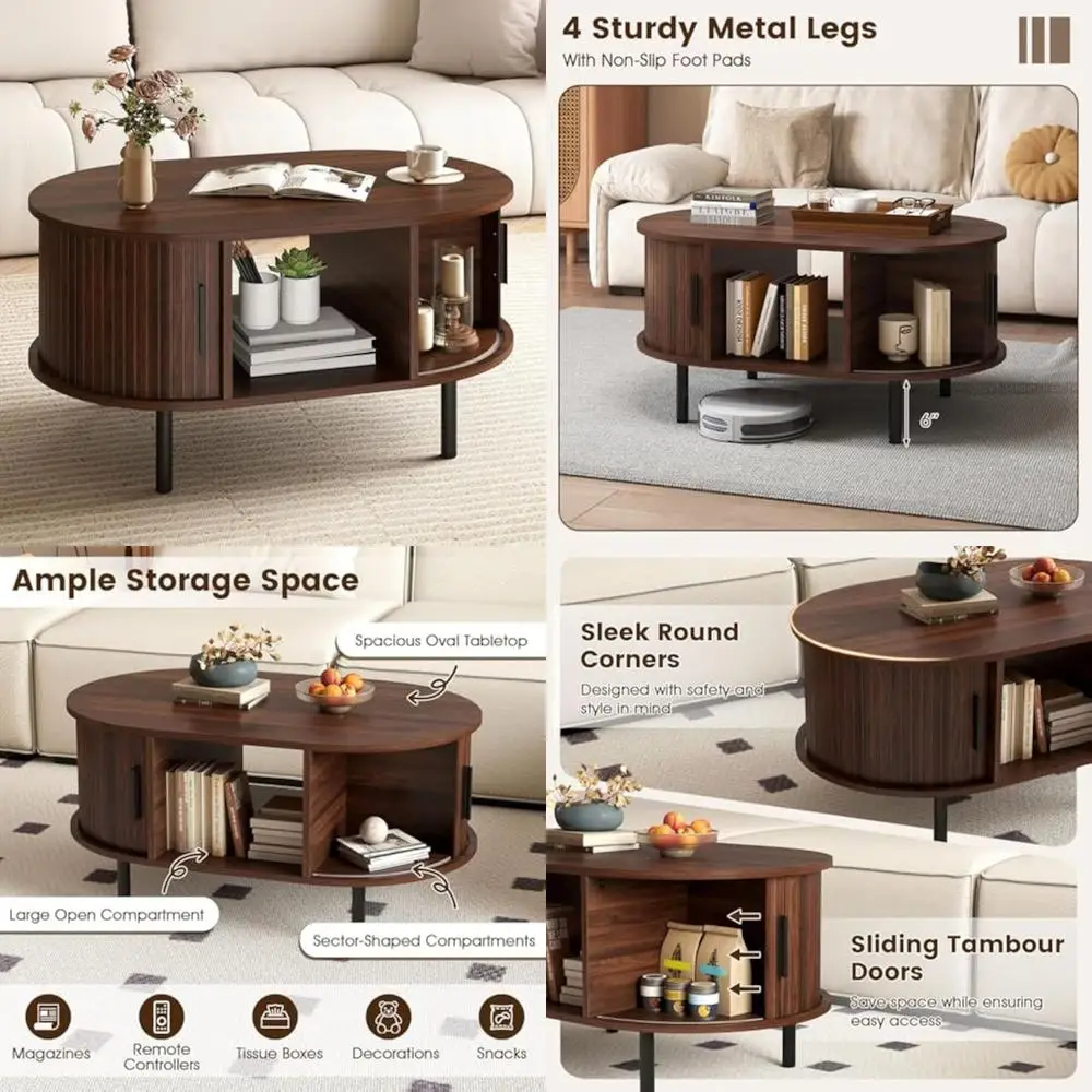 

oval coffee table, mid century modern living room table with sliding tambour doors, hidden storage & open compartment, fluted c