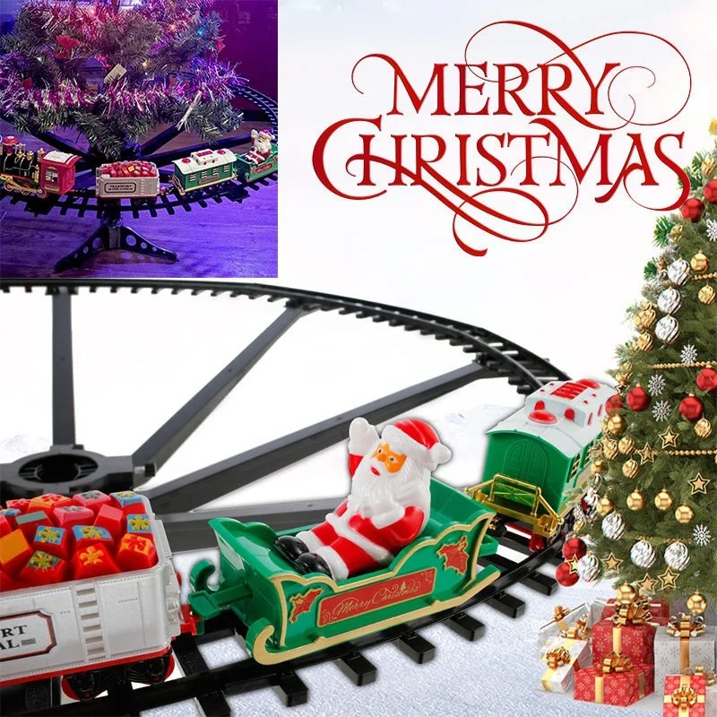 Tren de Navidad eléctrico de juguete, decoración de árbol de Navidad, marco de pista de tren, coche de ferrocarril con sonido y riel ligero, regalos