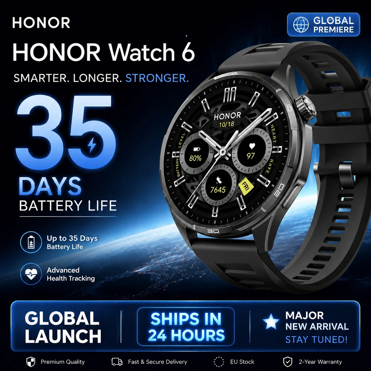 Honor Watch 6, nouvelle montre connectée, écran AMOLED de 1,46 pouces, jusqu'à 35 jours d'autonomie, plus de 120 modes d'entraînement et de santé, étanche 5ATM, protection IP69, Bluetooth 5.4