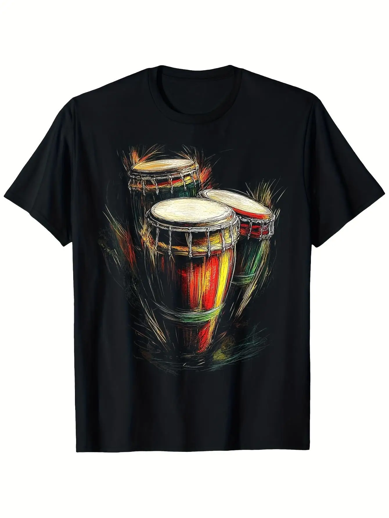 Men's Conga Drum African-Cuban Music T-Shirt, Heavyweight 180g, Designed by a Bongo Drummer, Red, Yellow, and Green Conga Drum Print, Loose Fit, Round Neck, Sizes S-Xl, Short Sleeves, Suitable for All Seasons
