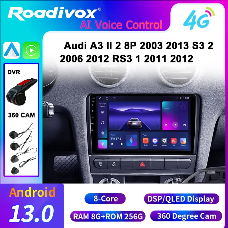 8+256G  Android 13 Video Tape Universal for Audi A3 II 2 8P 2003 2013 S3 2 2006 2012 RS3 1 2011 2012 with GPS Navi Car Radio