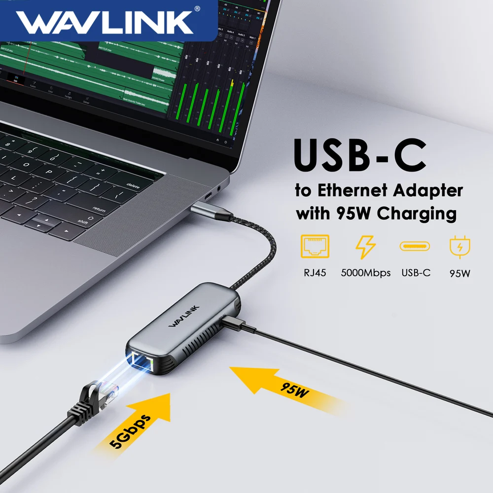 95W 충전 포트가 있는 WAVLINK 5Gbps USB C 이더넷 어댑터 Windows 10/11/Mac OS 11/Linux용 드라이버가 없는 RJ45 이더넷 어댑터