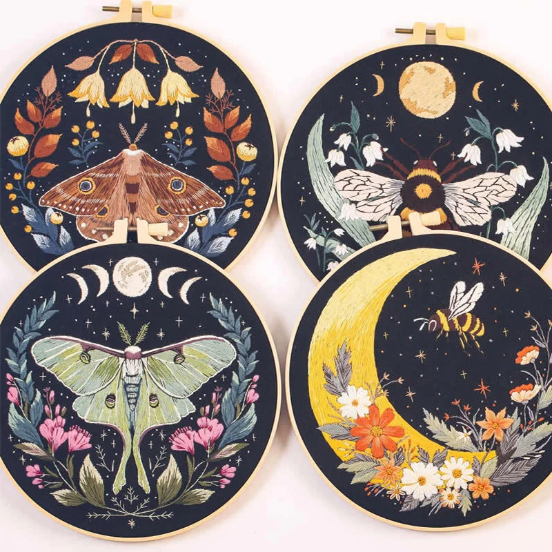 New Handmade Moon Butterfly Embroidery Kit Material Bag With En Instruction Thread Stamped Cloth Novice Embroidery DIY Craft Kit