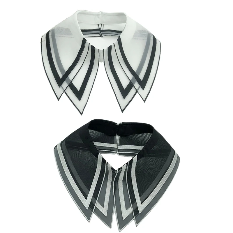 women-elegant-double-layer-organza-fake-collar-striped-print-triangular-pointed-lapel-choker-necklace-pearl-button-detachable