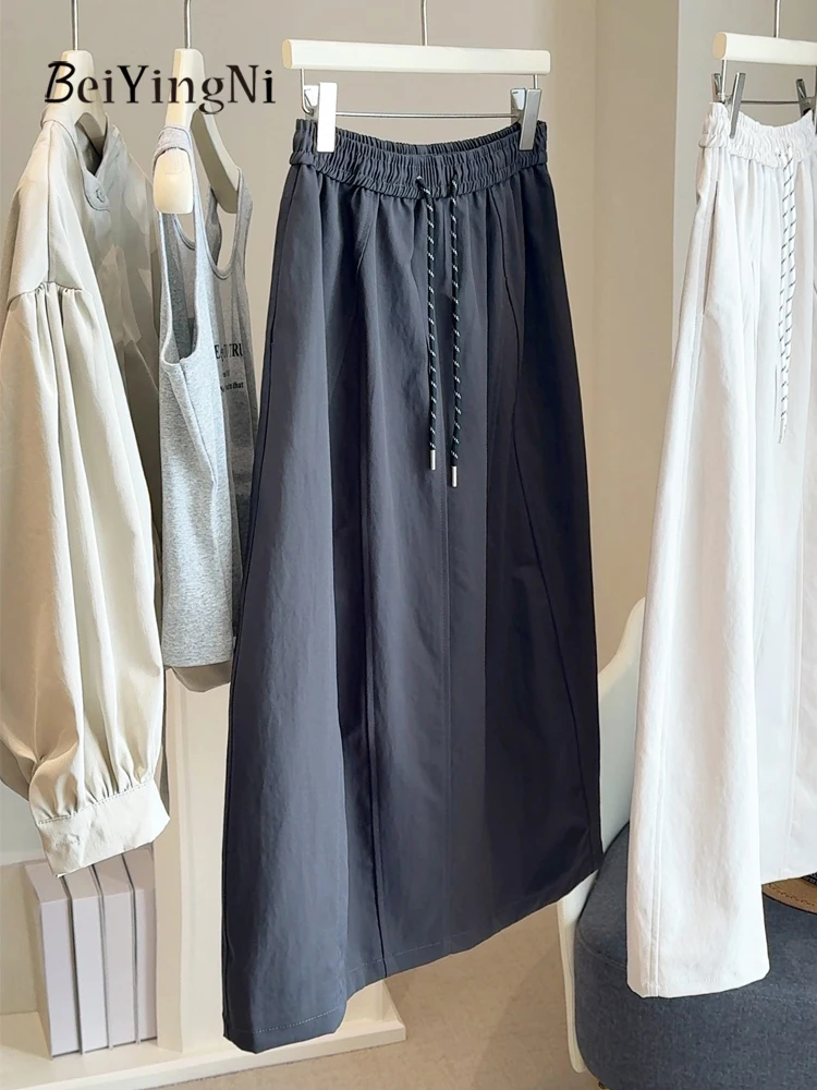 Beiyingni Summer New Style Women Skirts 2026 Casual Korean Midi Cargo Skirt Ladies Patchwork Drawstring BF Street A-line Skirt