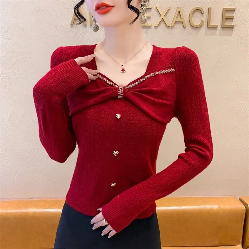 Mode Elegante Sping Truien Vrouwen Vierkante Kraag Effen Knop Boog Kralen Loog Mouw Truien Knittd Dieptepunt Shirt Tops