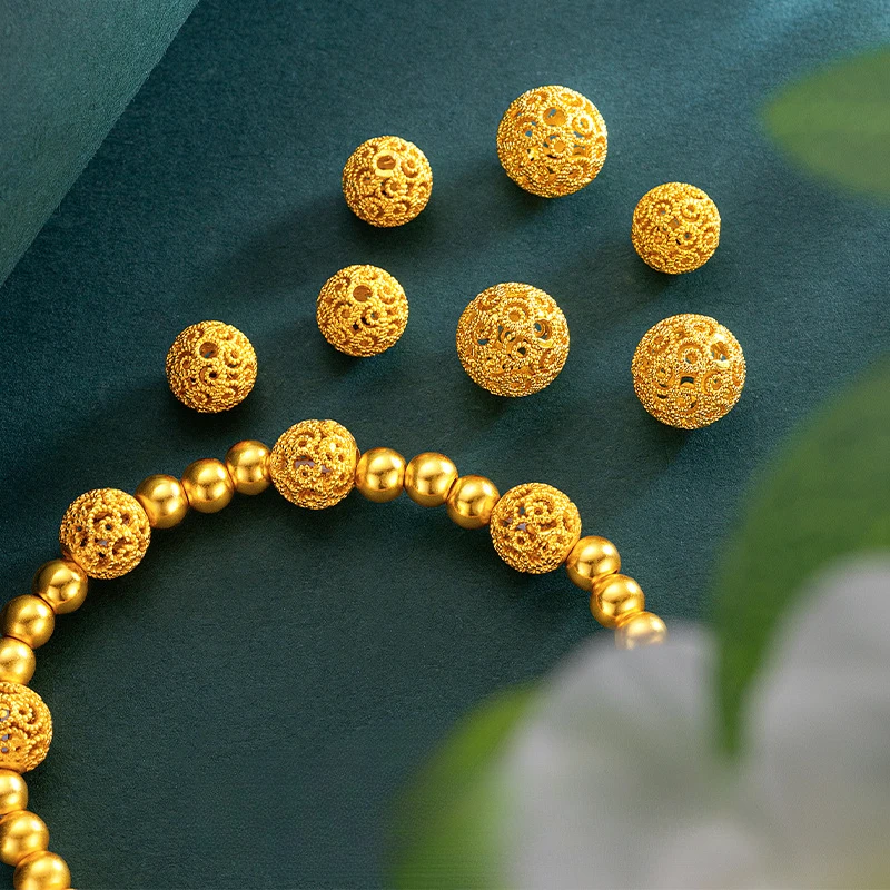 Luxury 24K AU999 Real Gold Loose Beads Spacer Beads, Hollow Flower Ball Openwork Filigree Beads For DIY Handmade Craft Accessori