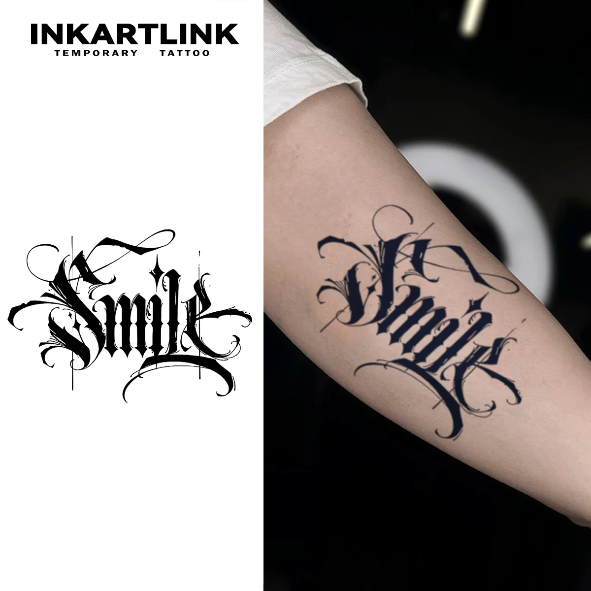 

English word Smile temporary tattoo sticker, waterproof magic tattoo, lasts to 15 days fake tattoo, semi permanent tattoo