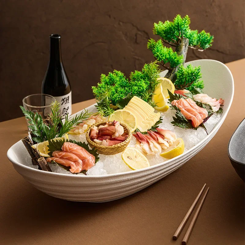 Matte Ceramic Tableware, Boat Shaped Dry Ice Plate, Salmon Sashimi Plate, Specialty Restaurant Seafood Display Plate, 25 Inches