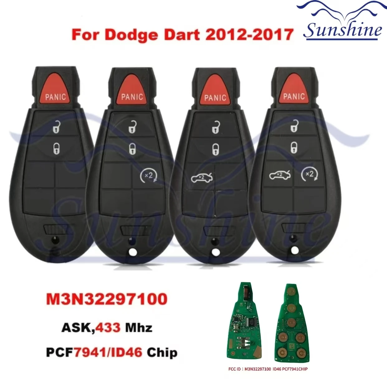 

Sunshine car key PN: 56046771AA 56046773AA For Dodge Dart 2012 2013 2014 2015 2016 Remote Car Key 433Mhz 46Chip FCC M3N32297100