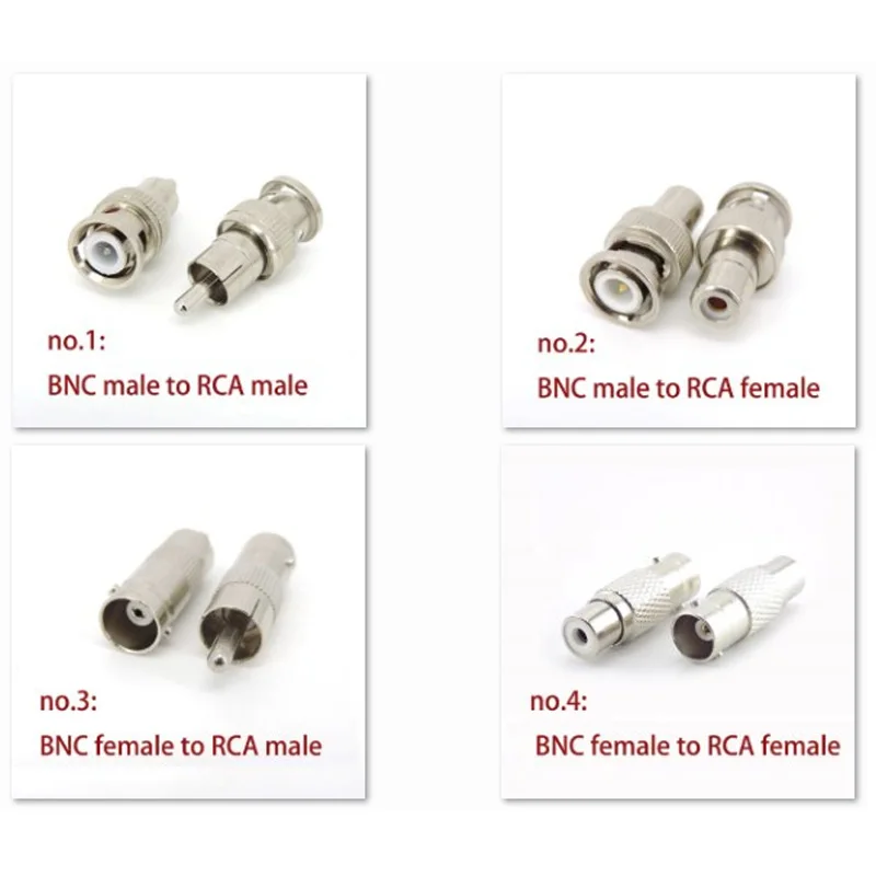 4 types BNC male female to RCA male female plug jack audio video CCTV camera Coaxial Cable connector Converter