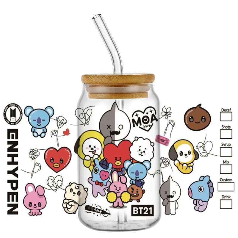 Miniso cute characters UV DTF Cup Wrap 16oz Libbey Glass Can DIY Sticker Cartoon Selfadhesive Washable DIY