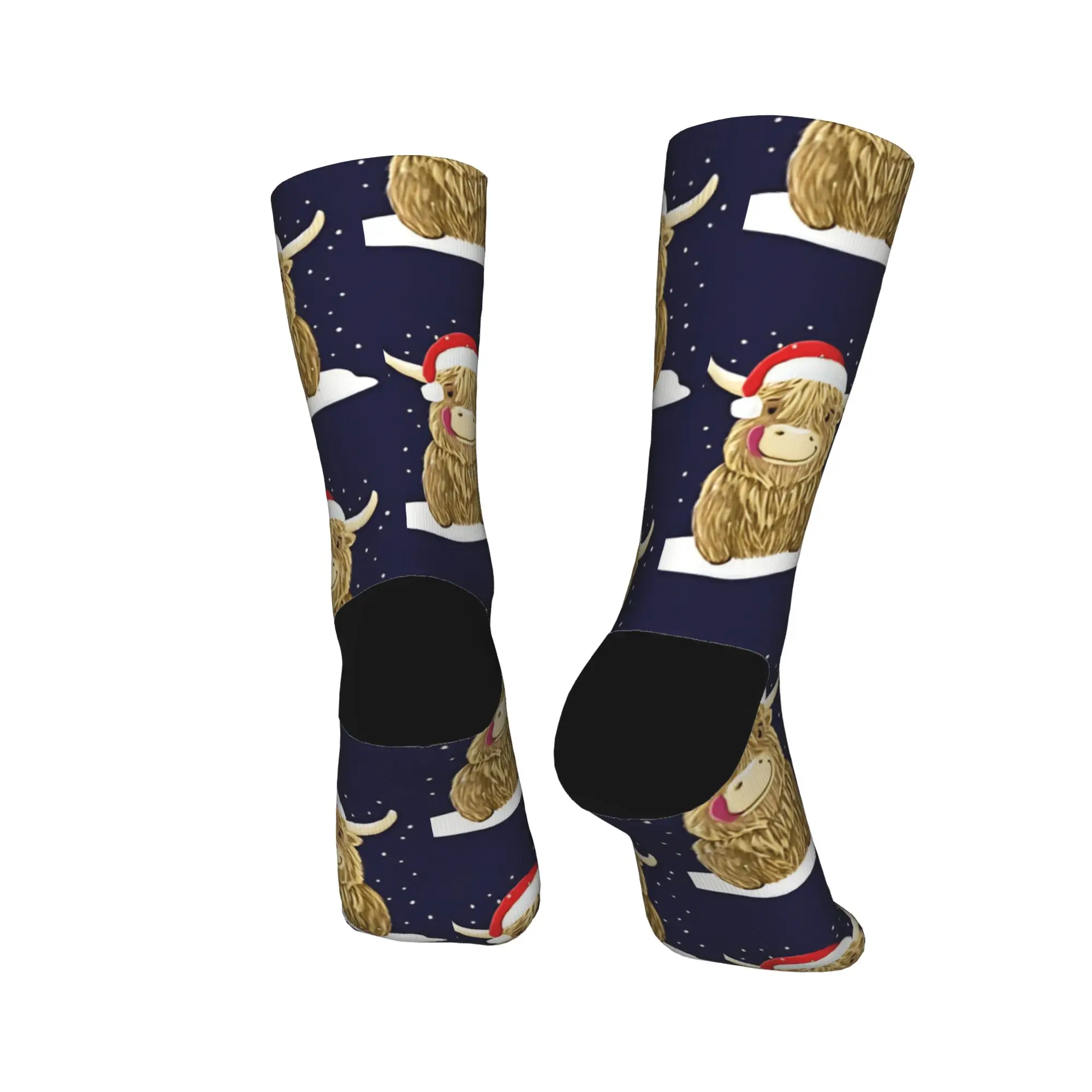 Kaus Kaki Motif Sapi Highland Skotlandia di Salju Natal, Kaus Kaki Fashion Musim Semi Anti Selip untuk Pria, Kaus Kaki Lari Hangat Lembut Bermotif