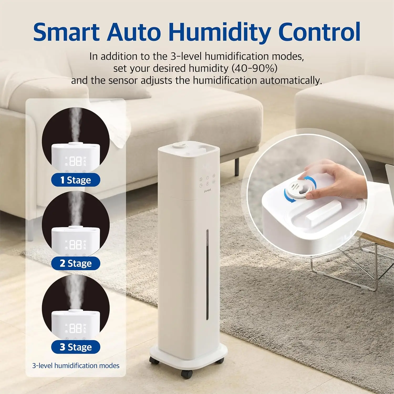 10L Tower Humidifier, 83H Runtime, Warm & Cool Mist, Large Room, Top-Fill Tank On Wheels, Auto Mode, 12H Timer, Remote