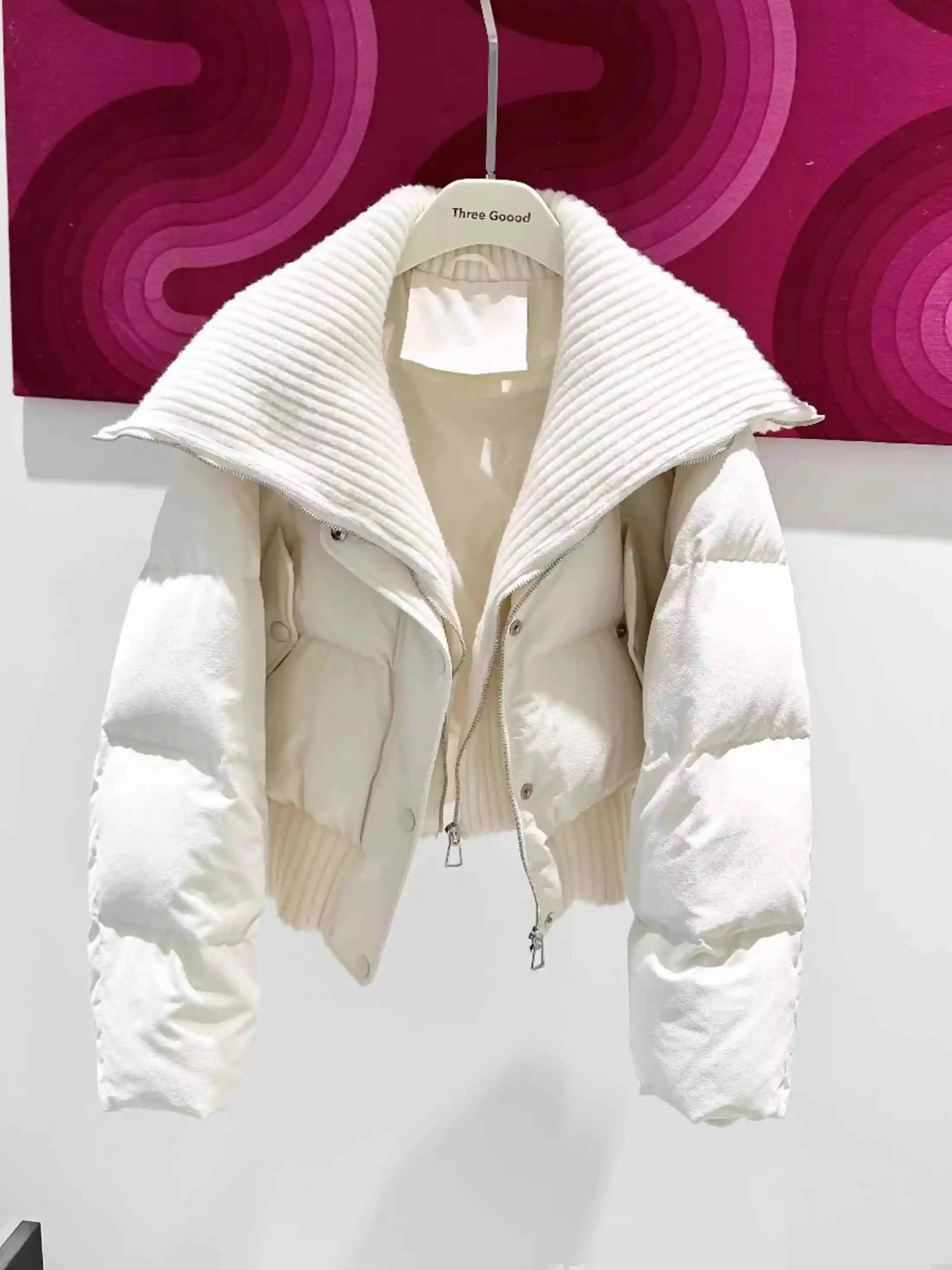 Mode Frauen Daunen jacken großes Revers hohe Taille Reiß verschluss kurzer Puffer Mantel Winter lässig schlanke dicke warme Oberbekleidung weiblich