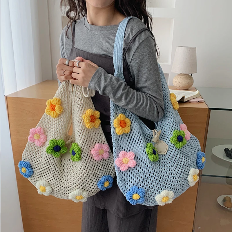 Gewebte Schultertasche mit Blumenmuster, Häkeltasche, Einkaufstasche für Mädchen, Handtasche für Studenten und Büroangestellte, bequemer breiter Riemen