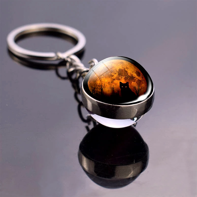 8 Styles Moon Black Cat Keychain Cat Keyring Glass Ball Key Chain Animal Key Buckle Double Sided Ball Keychains Cat Lovers Gifts