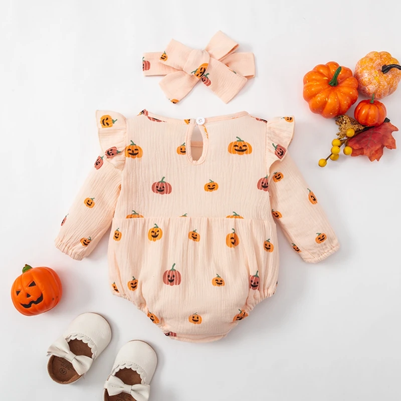 

Halloween Newborn Baby Girl Romper Long Sleeve Pumpkin Print Jumpsuits with Hairband Infant Fall Winter Clothes