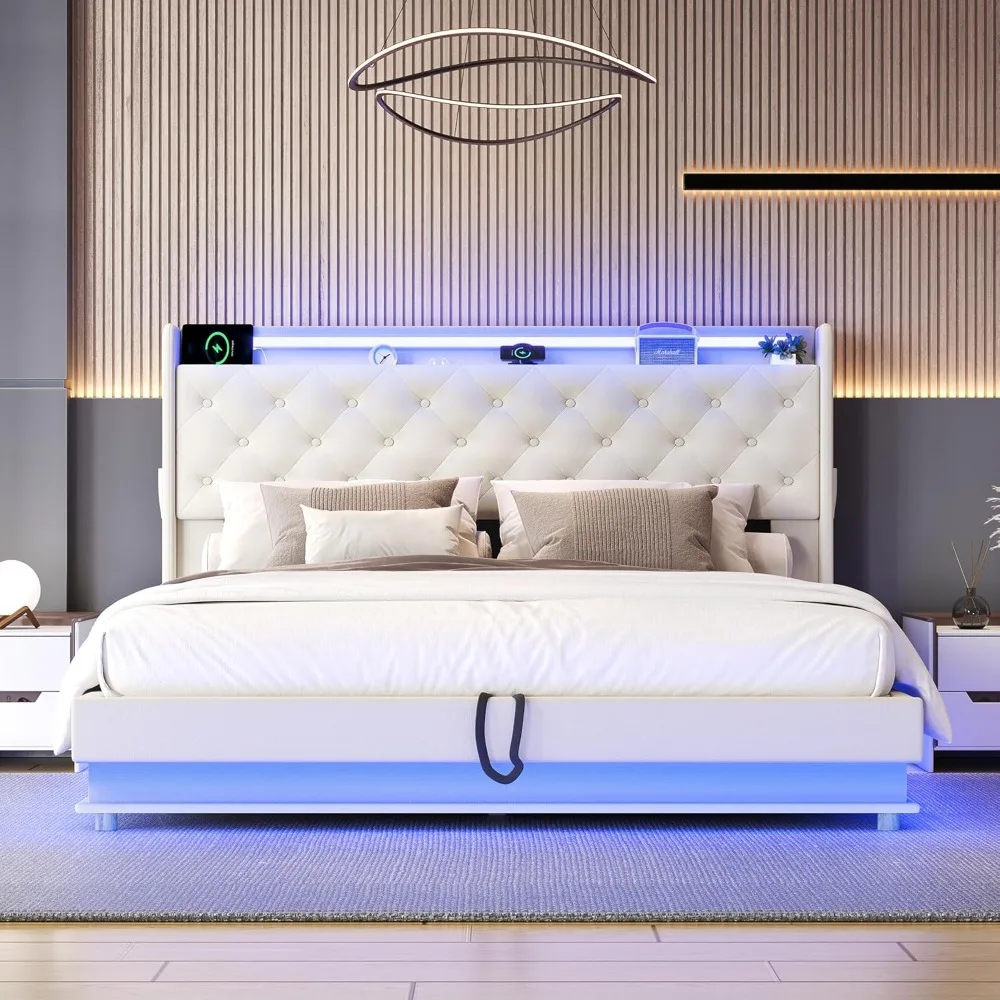 Lift Up Storage Bed Queen with Headboard and Storage,Upholstered Storage Bed with Wingback Tufted Headboard,LED Charging Station