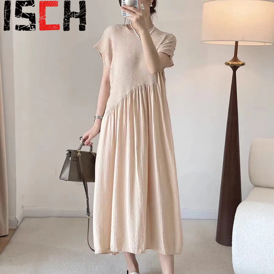 

Pleats Pleats Dresses Big Size Short Sleeve Round Neck Elegant Dress Women Solid Color Long Dress Splicing Commuter Slim Skirt