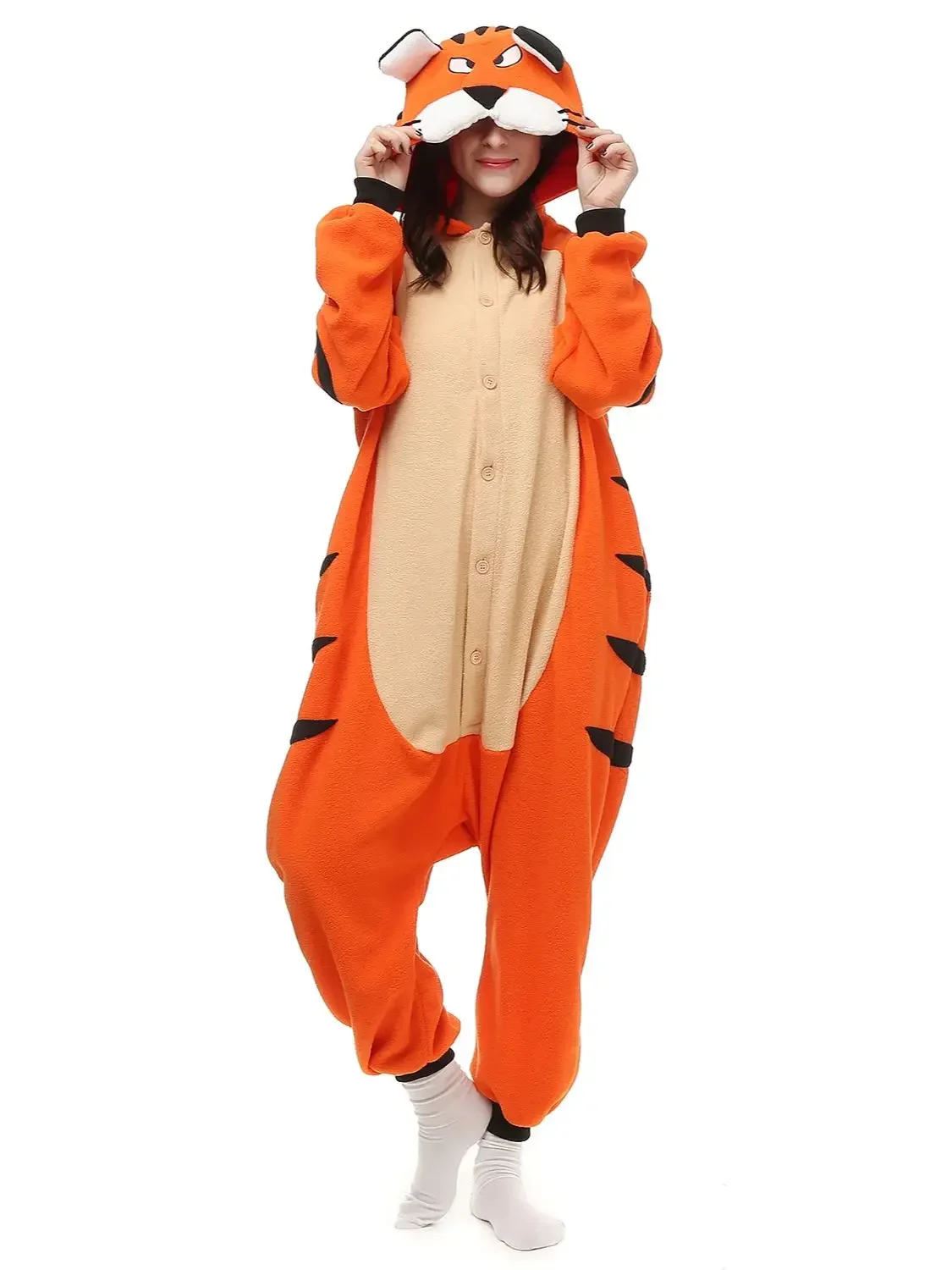 Bengal Tiger Animal Bodysuit Adult Pajamas Women's Long Sleeved Hooded Fleece Housewear One piece Jumpsuit