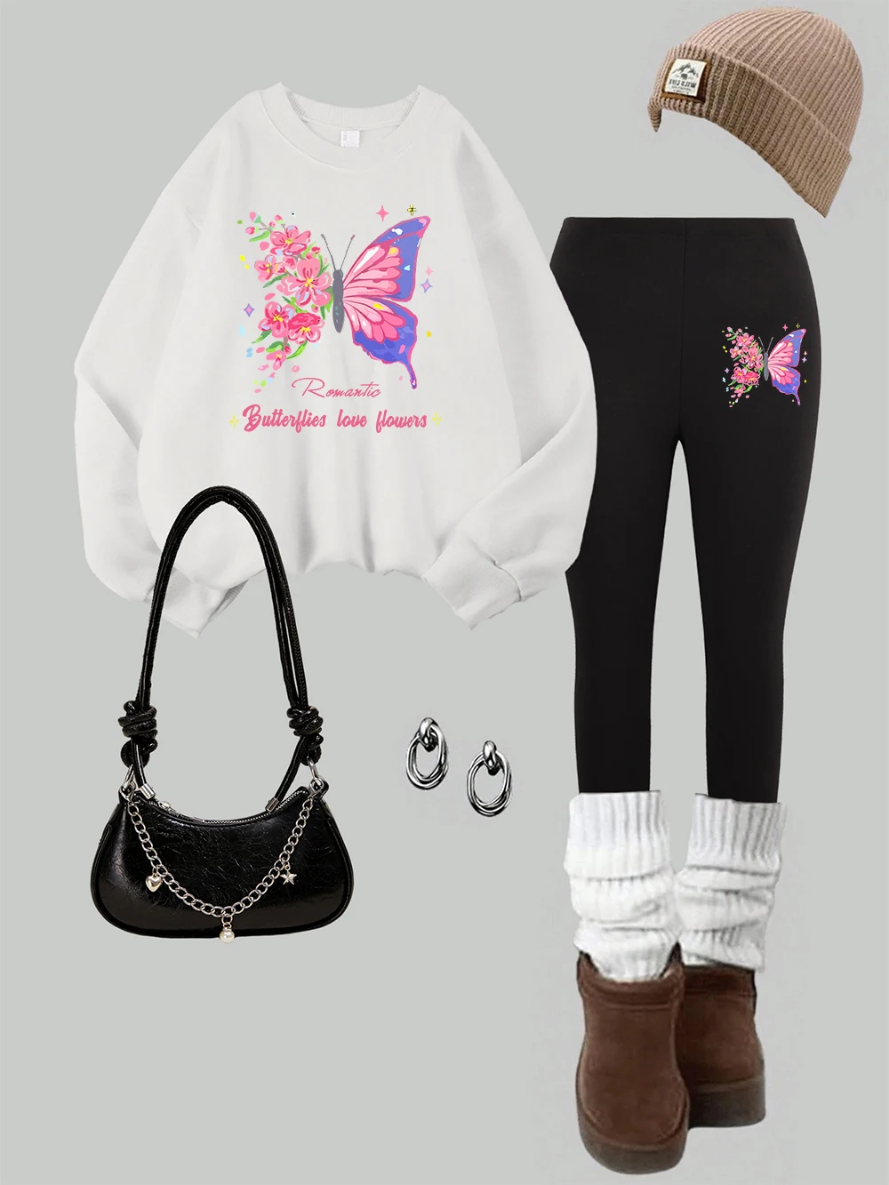 

Женский комплект из 2 предметов с бабочками и цветами, толстовка с яркими принтами, леггинсы, флисовый теплый комплект с капюшоном, брюки, осенняя женская одежда