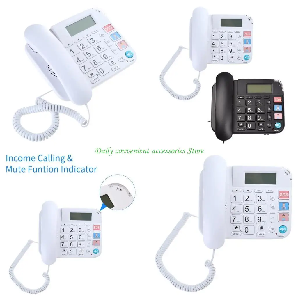 97QB Fixed Landline Phone Big Button and LCD Display CallerID Numbe Storage 1 SOS for Elderly and LowVision Users