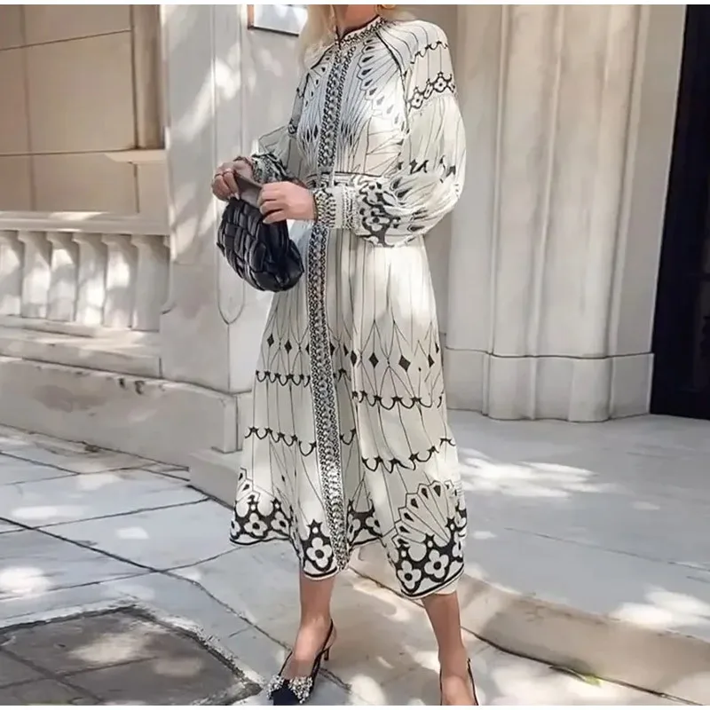 Elegancka damska długa sukienka w stylu retro ze stójką Wiosenny wzór z nadrukiem Sukienki imprezowe Maxi Jesienna sukienka Boho z długim rękawem