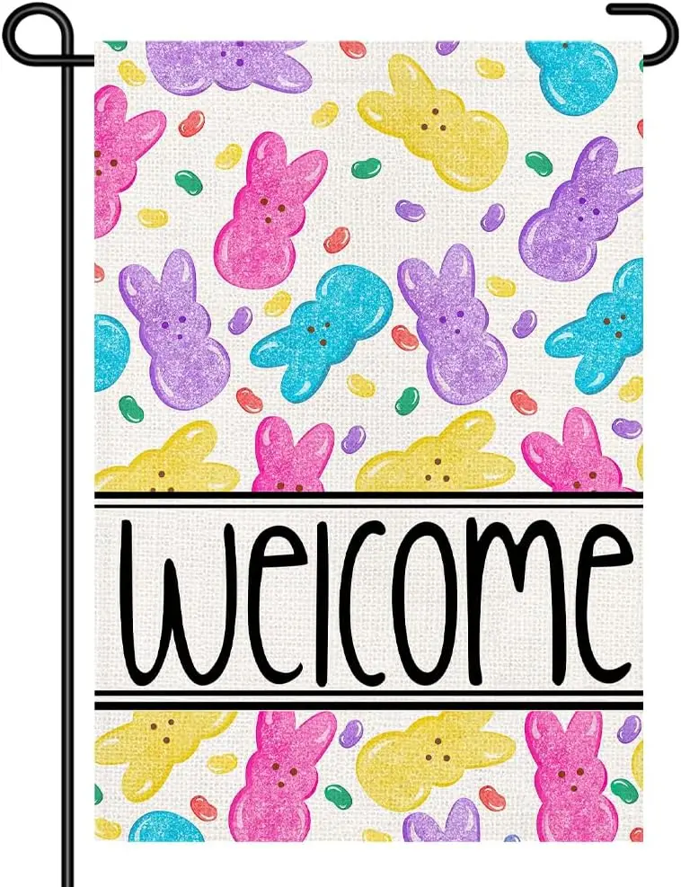 Bandera de Bienvenida de Pascua para Jardín, 12x18, Pequeña, de Doble Cara, con Diseño de Conejitos y Caramelos de Goma, Bandera Colorida para Jardín de Primavera, para Exteriores
