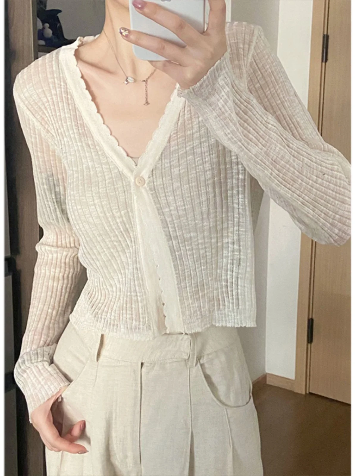 

Sun Protection Knitted Ice Silk Thin Women's Summer Outerwear Cardigan awl Fairy Air Conditioning irt Coat Long Sve V-...
