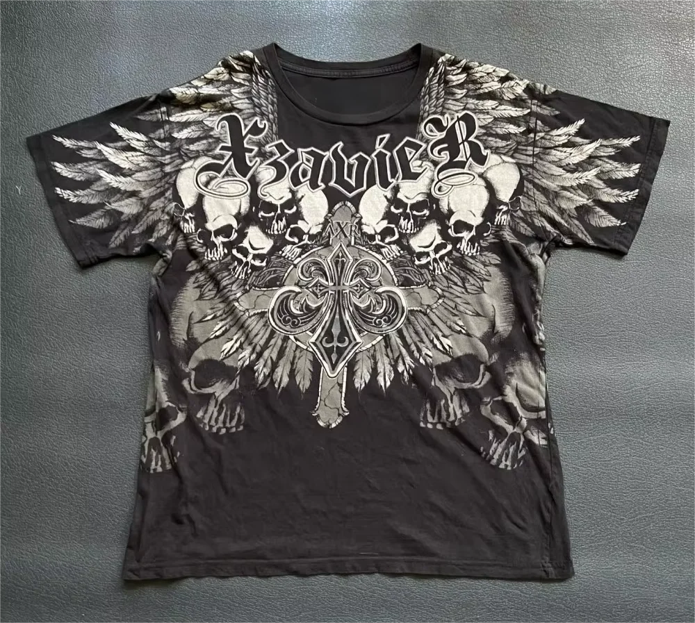 New European and American men's summer skull letter print comfortable and breathable round neck T-shirt outdoor street top