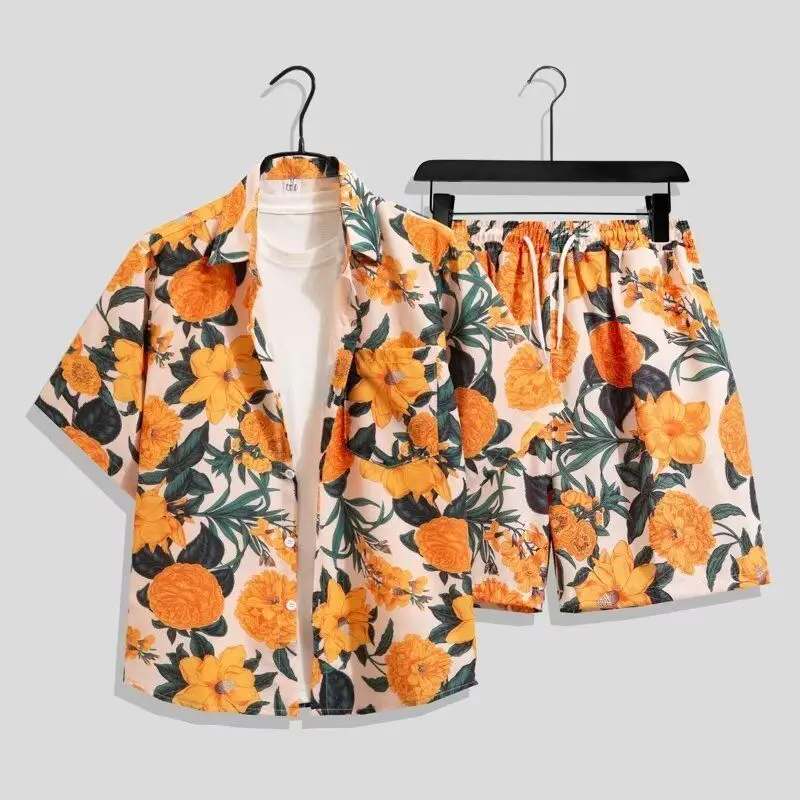 

Summer Travel Matching Men's Two Piece Set Couple Beachwear Short Sleeve Shirt Shorts Casual Breathable