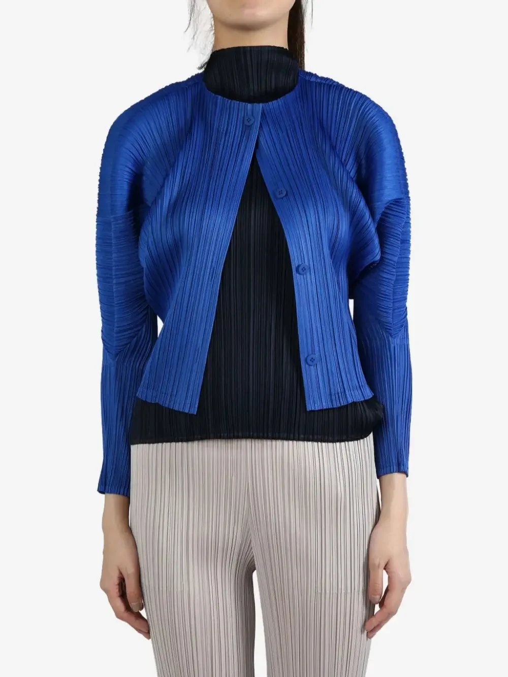 YUDX Miyake Pleated Royal Blue Front Button Drop Shoulder Long Sleeves Jacket 2024 Fall New Arrivals