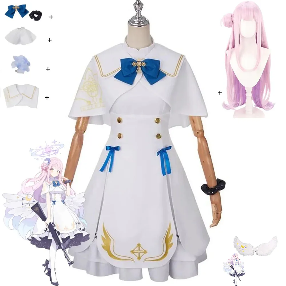 

Game Blue Archive Misono Mika Cosplay Costume Wig Woman White Wedding Dress Feather Wings Princess Skirt Cute Christmas Suit