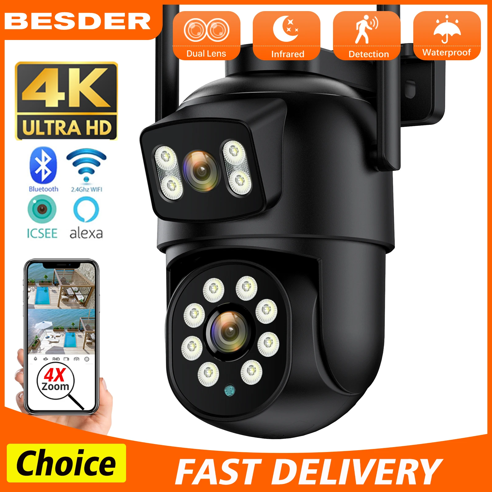 besder camera de vigilancia ao ar livre lente dupla com tela dupla deteccao humana ai rastreamento automatico ptz wi fi icsee 8mp 4k 01